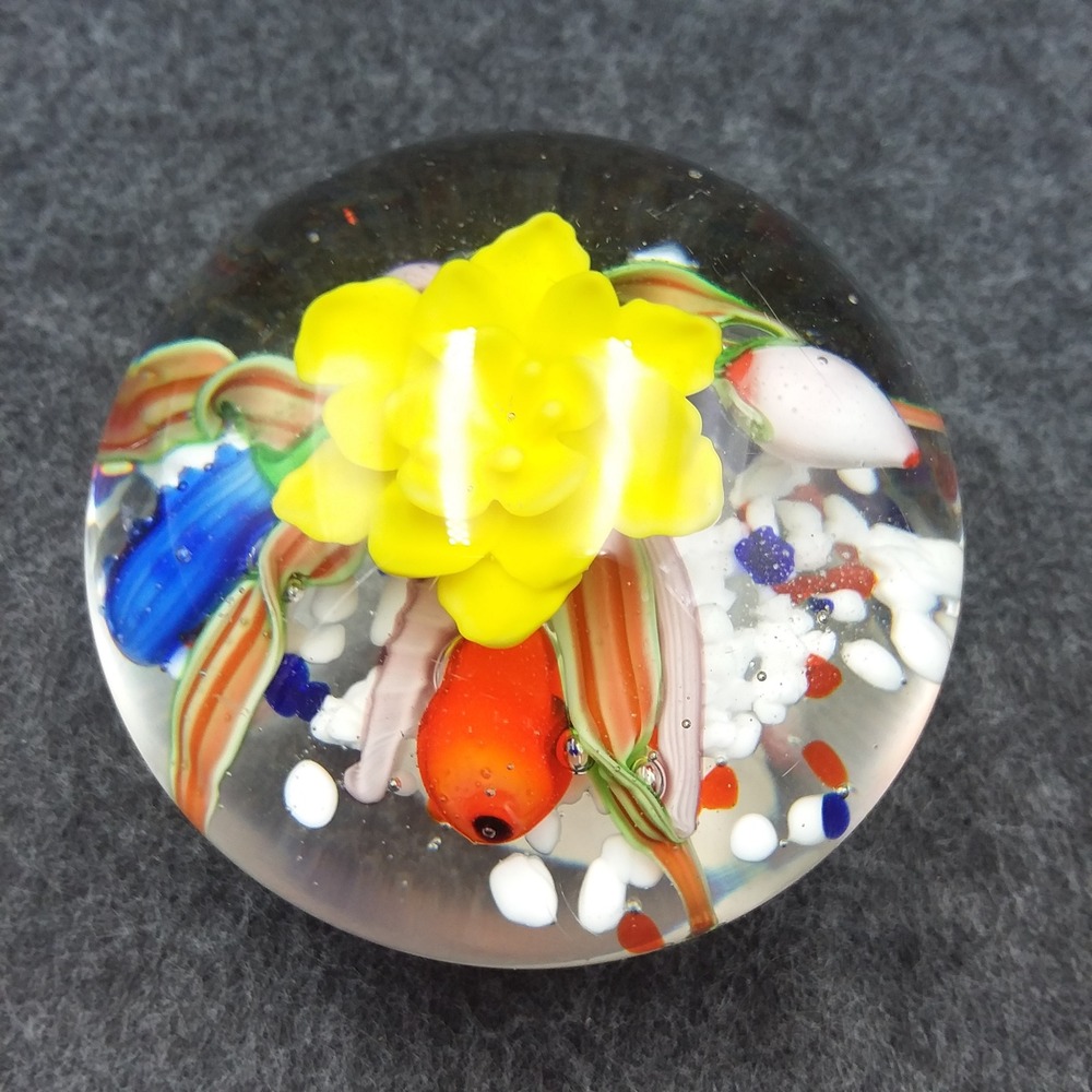 Vintage Art Glass Paperweight Floral‎ Design Colorful Home Decor Round
